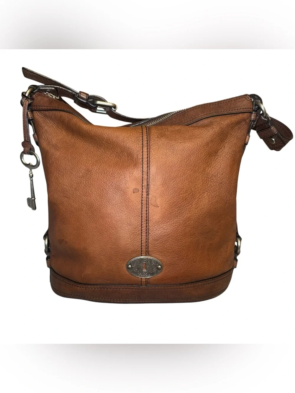 Vintage Fossil Brown Leather Hobo Shoulder Bag Key Charm Y2K Boho